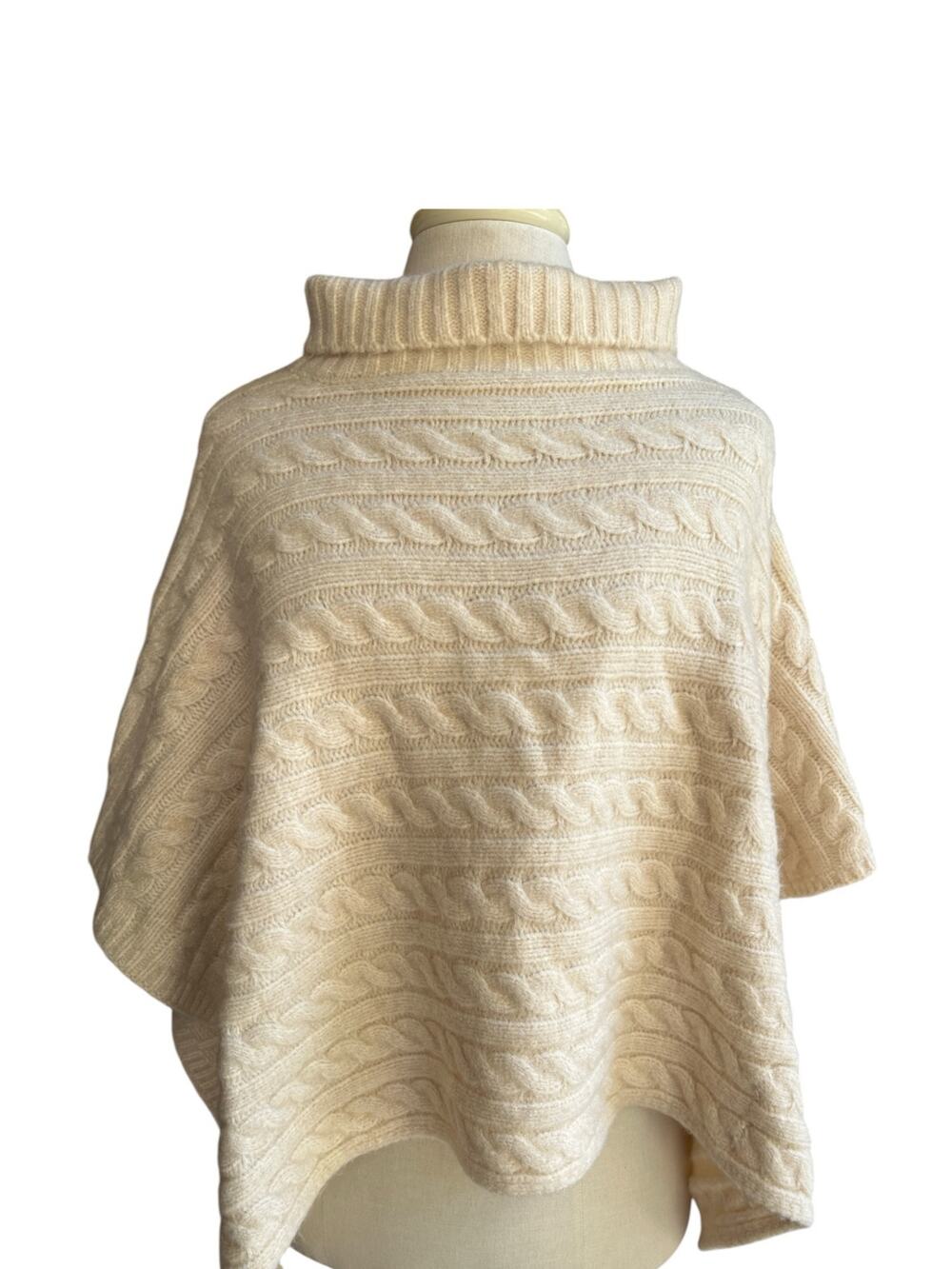 By Anthropology Knit Poncho/Cropped-Cream CableKnit-Ribbed Cowl Neck-Cozy-1177